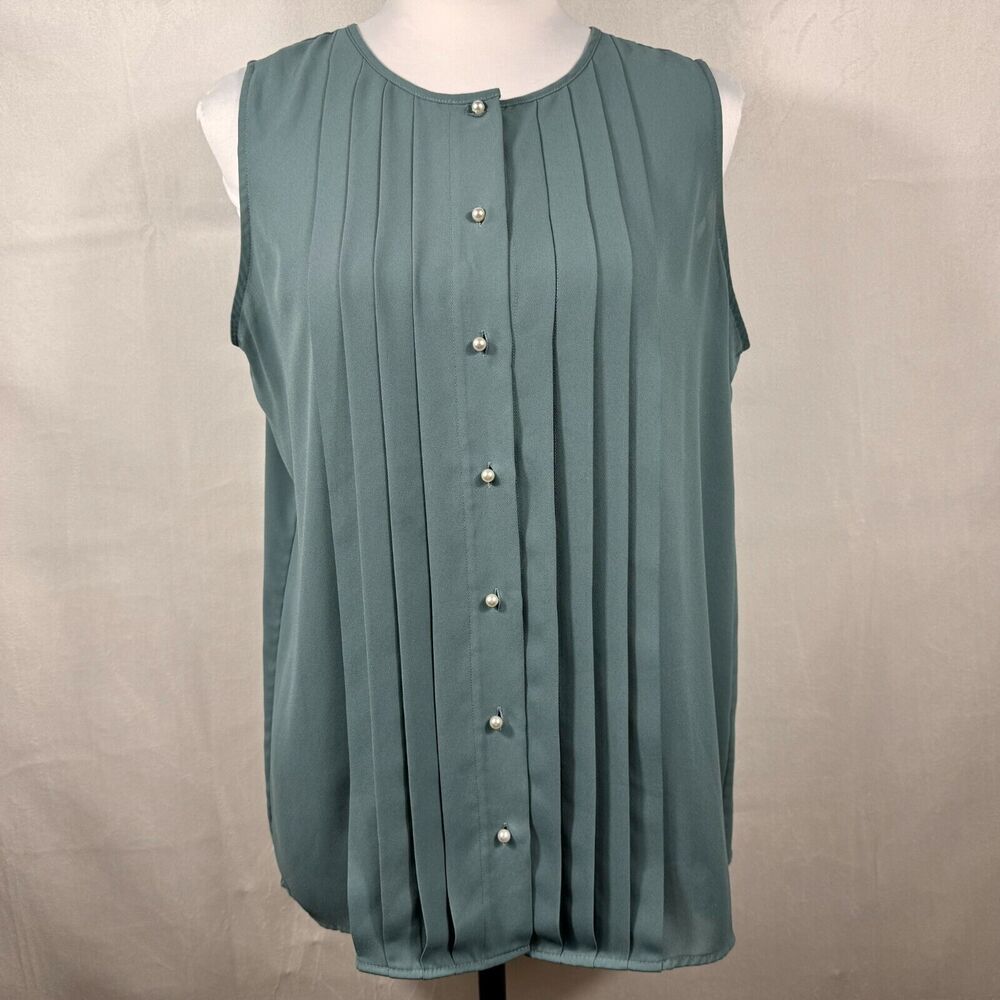 Karl Lagerfeld Blouse Sz M Sheer Green Round Neck Pleated Front Button down